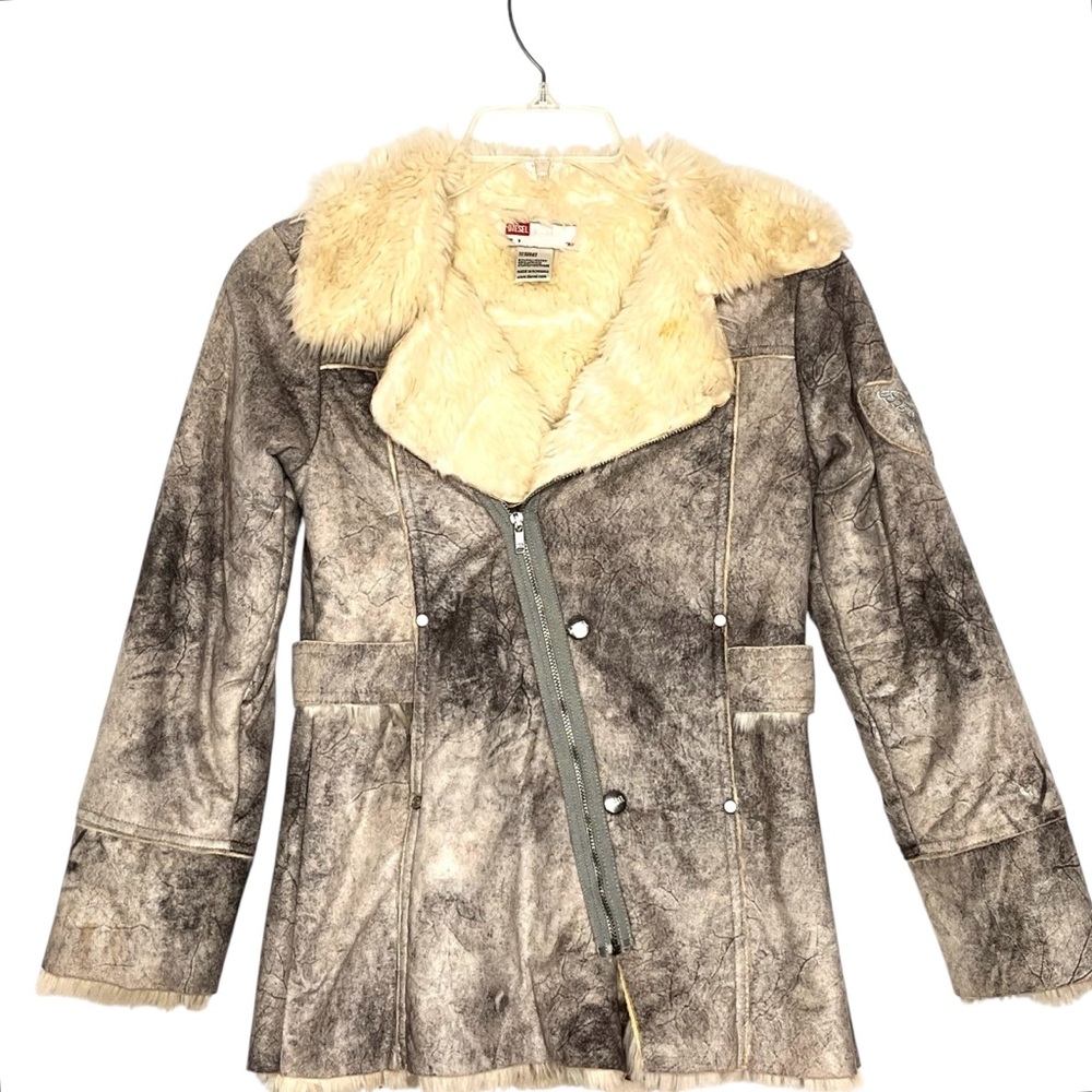 Diesel Grey/Ivory Faux Fur Shearling Distressed Zipper Snap Jacket Coat Size S